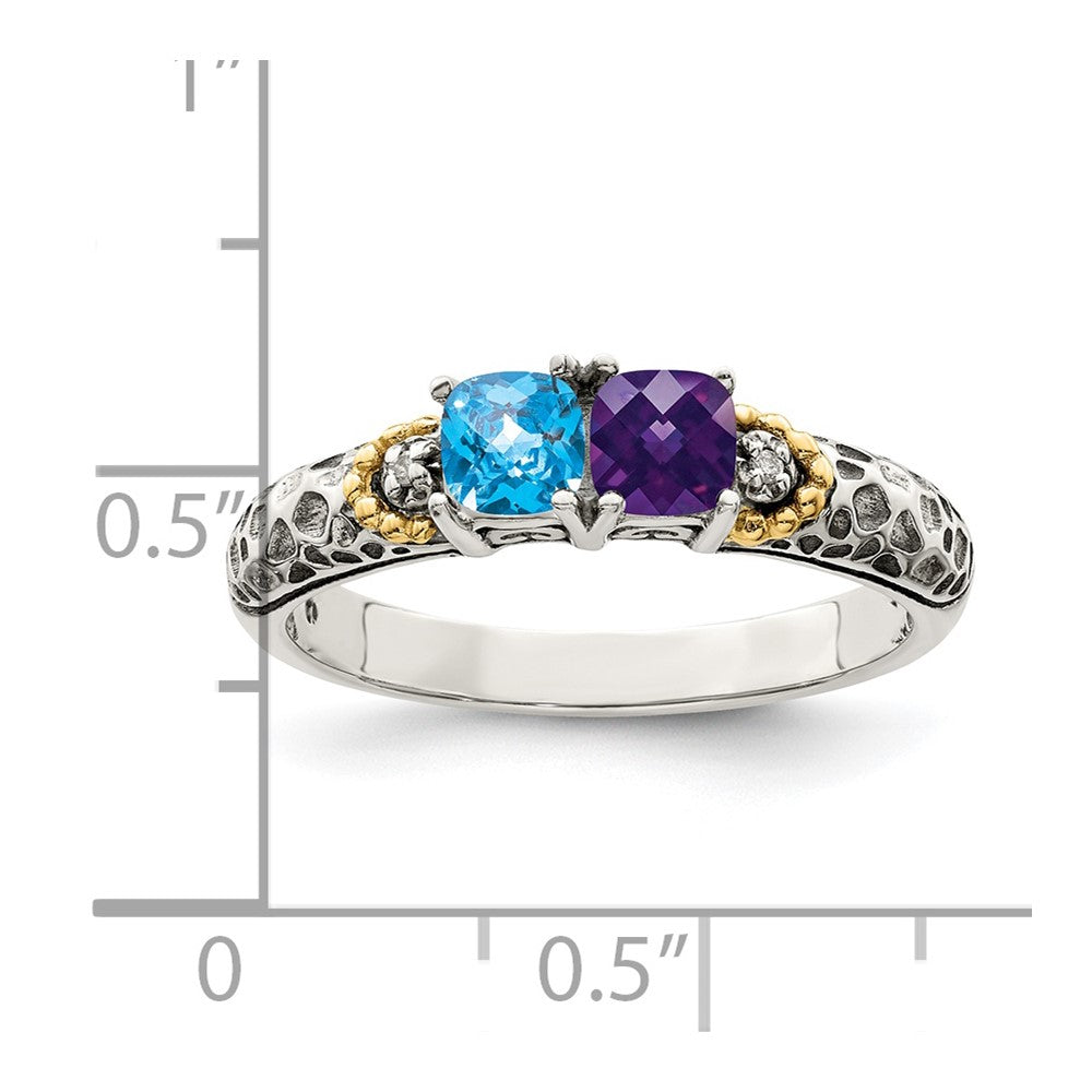 Sterling Silver Antiqued w/14k 2-stone w/Diamond Mother's Ring - 16