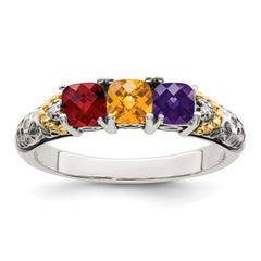 Sterling Silver Antiqued w/14k 3-stone w/Diamond Mother's Ring - 90
