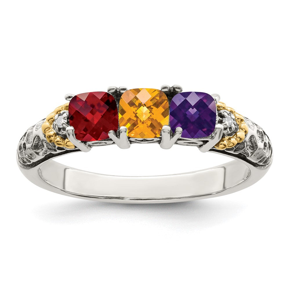 Sterling Silver Antiqued w/14k 3-stone w/Diamond Mother's Ring - 89