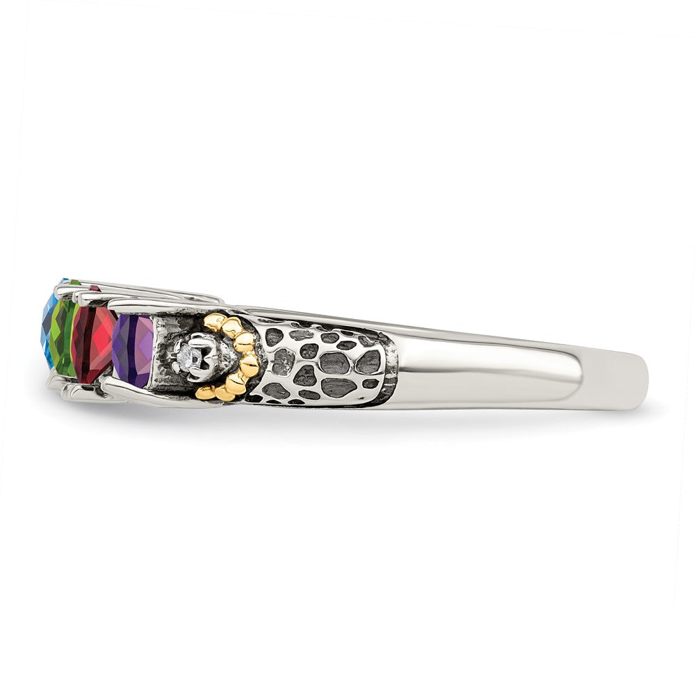 Sterling Silver Antiqued w/14k 4-stone w/Diamond Mother's Ring - 89