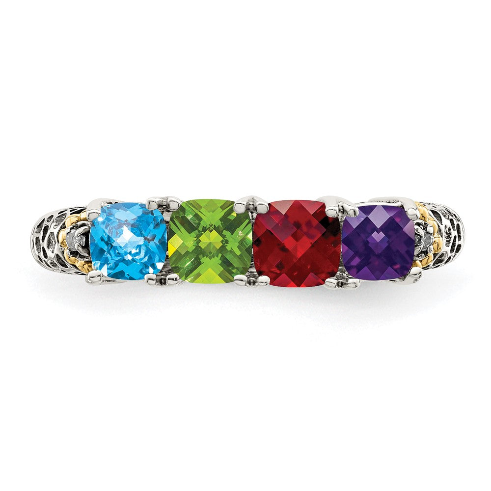 Sterling Silver Antiqued w/14k 4-stone w/Diamond Mother's Ring Semi-Mount - 77