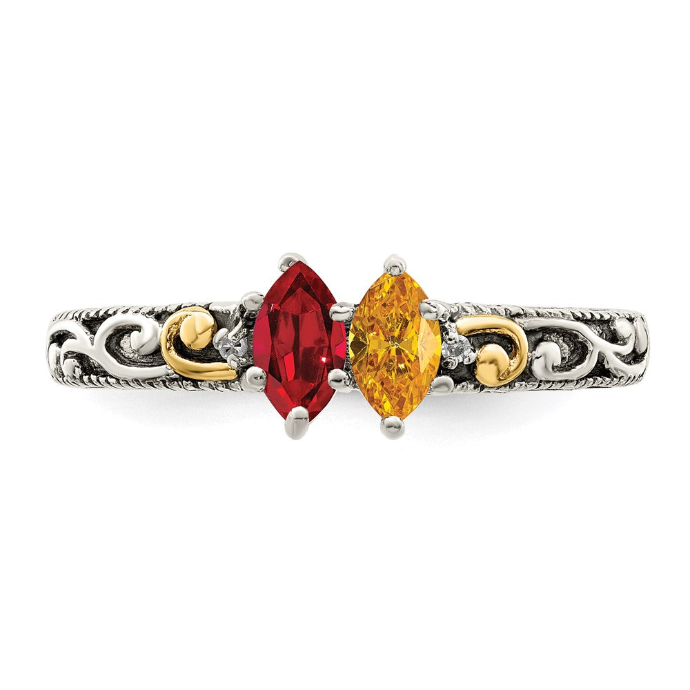 Sterling Silver Antiqued w/14k 2-stone w/Diamond Mother's Ring - 90