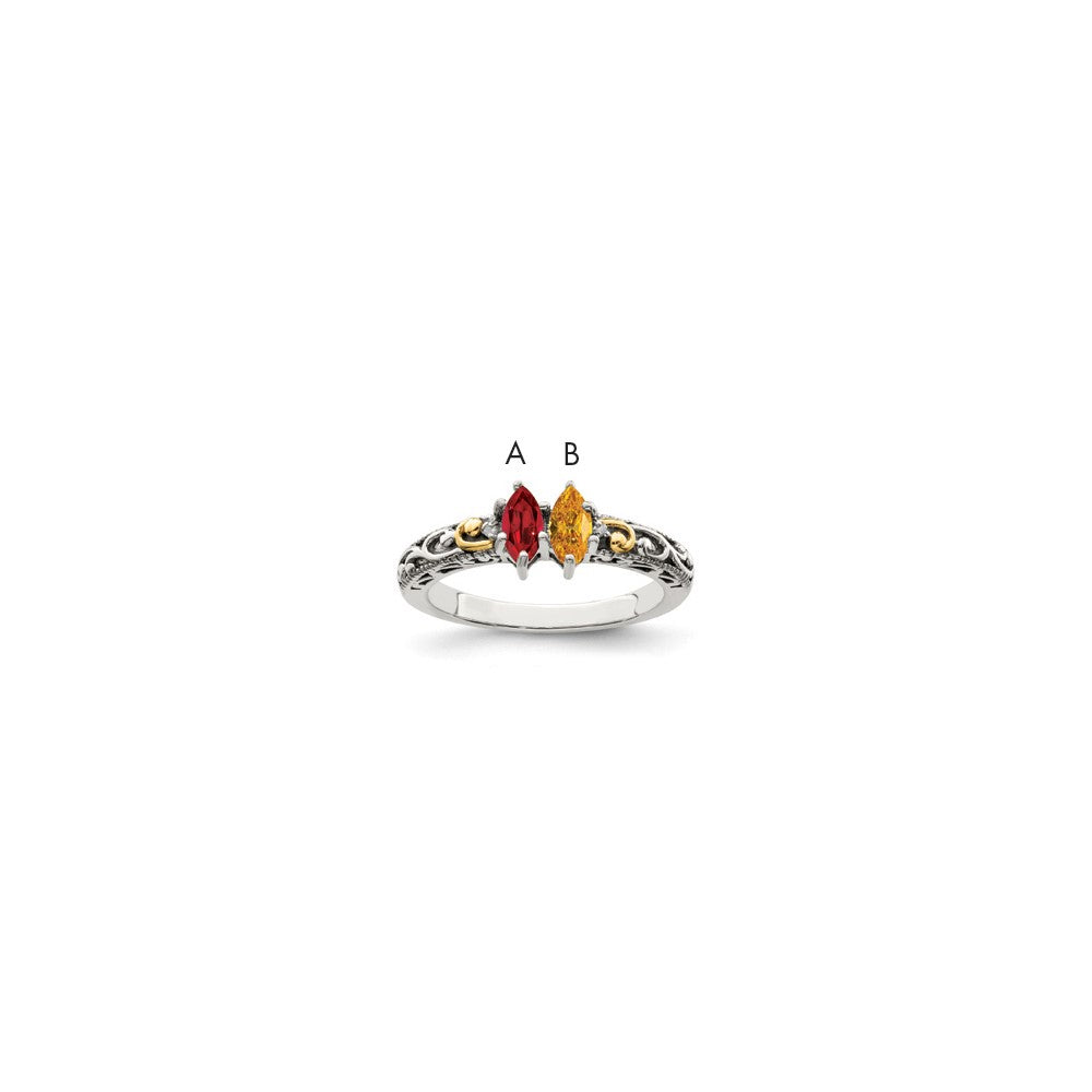 Sterling Silver Antiqued w/14k 2-stone w/Diamond Mother's Ring - 36