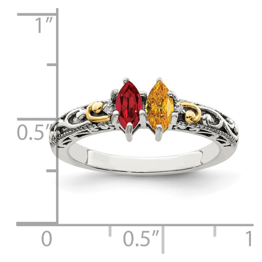 Sterling Silver Antiqued w/14k 2-stone w/Diamond Mother's Ring - 90