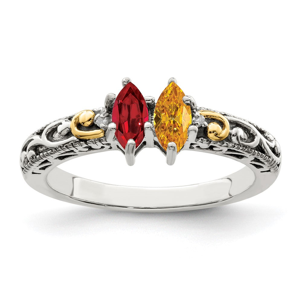 Sterling Silver Antiqued w/14k 2-stone w/Diamond Mother's Ring - 90