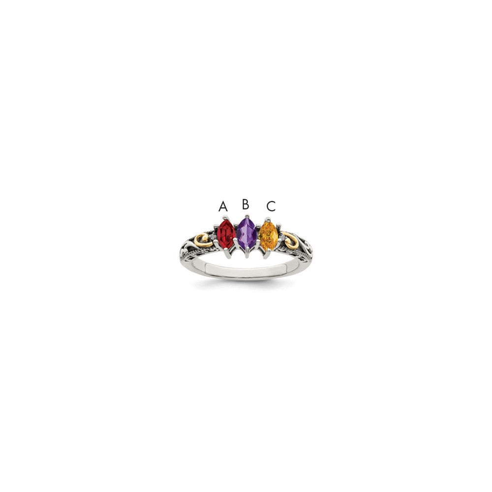 Sterling Silver Antiqued w/14k 3-stone w/Diamond Mother's Ring - 32