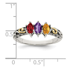 Sterling Silver Antiqued w/14k 3-stone w/Diamond Mother's Ring Semi-Mount - 26