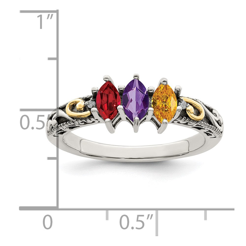Sterling Silver Antiqued w/14k 3-stone w/Diamond Mother's Ring - 20