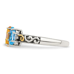 Sterling Silver Antiqued w/14k 4-stone w/Diamond Mother's Ring - 40