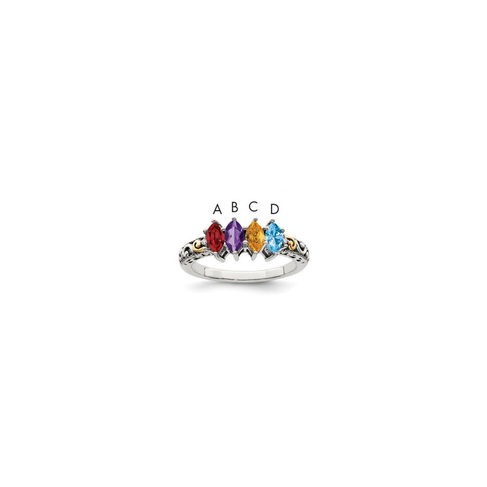 Sterling Silver Antiqued w/14k 4-stone w/Diamond Mother's Ring - 40