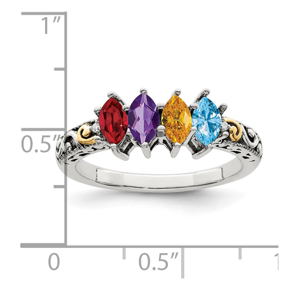 Sterling Silver Antiqued w/14k 4-stone w/Diamond Mother's Ring - 40