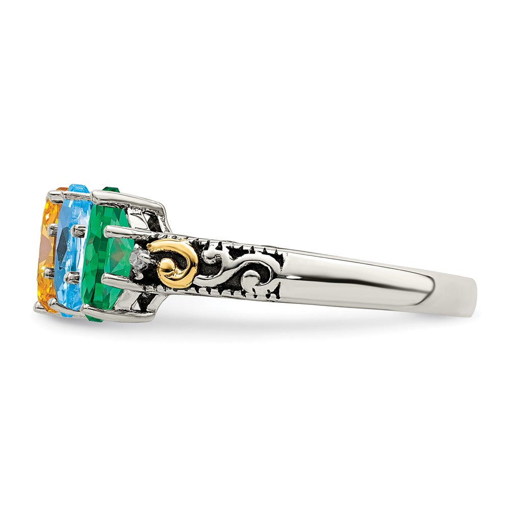 Sterling Silver Antiqued w/14k 5-stone w/Diamond Mother's Ring - 20