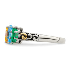 Sterling Silver Antiqued w/14k 5-stone w/Diamond Mother's Ring - 20