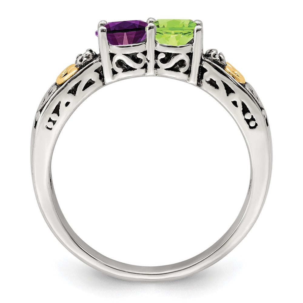 Sterling Silver Antiqued w/14k 2-stone w/Diamond Mother's Ring - 45
