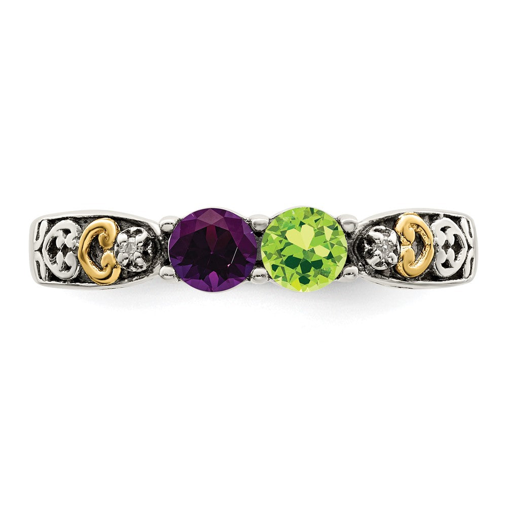 Sterling Silver Antiqued w/14k 2-stone w/Diamond Mother's Ring - 44