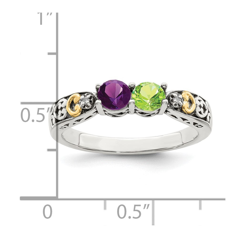 Sterling Silver Antiqued w/14k 2-stone w/Diamond Mother's Ring - 43