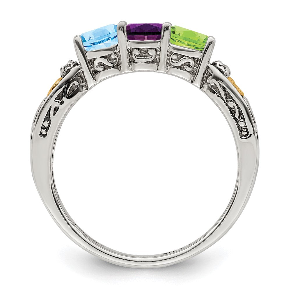 Sterling Silver Antiqued w/14k 3-stone w/Diamond Mother's Ring - 37