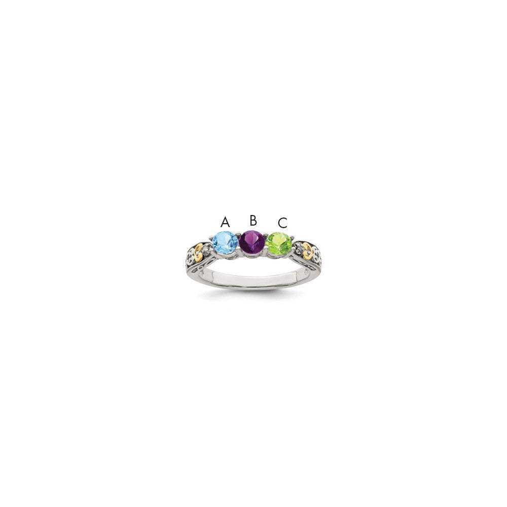 Sterling Silver Antiqued w/14k 3-stone w/Diamond Mother's Ring - 43