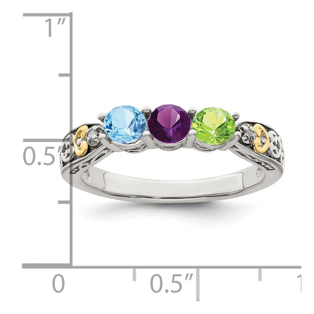 Sterling Silver Antiqued w/14k 3-stone w/Diamond Mother's Ring - 38