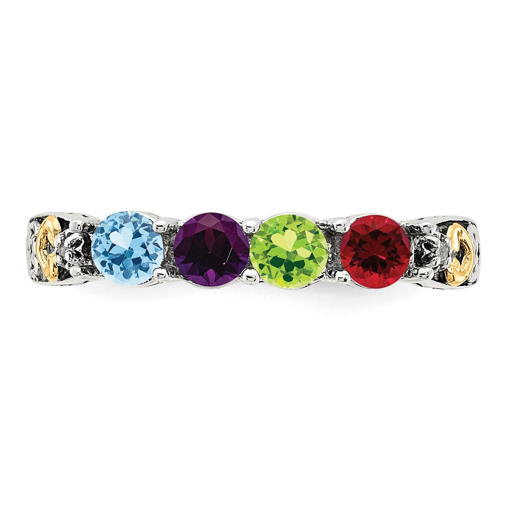Sterling Silver Antiqued w/14k 4-stone w/Diamond Mother's Ring - 48