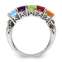 Sterling Silver Antiqued w/14k 5-stone w/Diamond Mother's Ring - 56