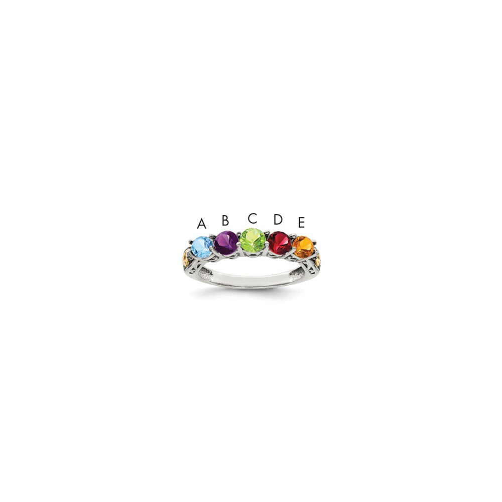 Sterling Silver Antiqued w/14k 5-stone w/Diamond Mother's Ring - 56
