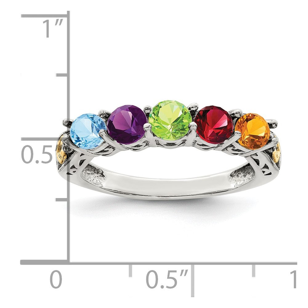 Sterling Silver Antiqued w/14k 5-stone w/Diamond Mother's Ring - 34