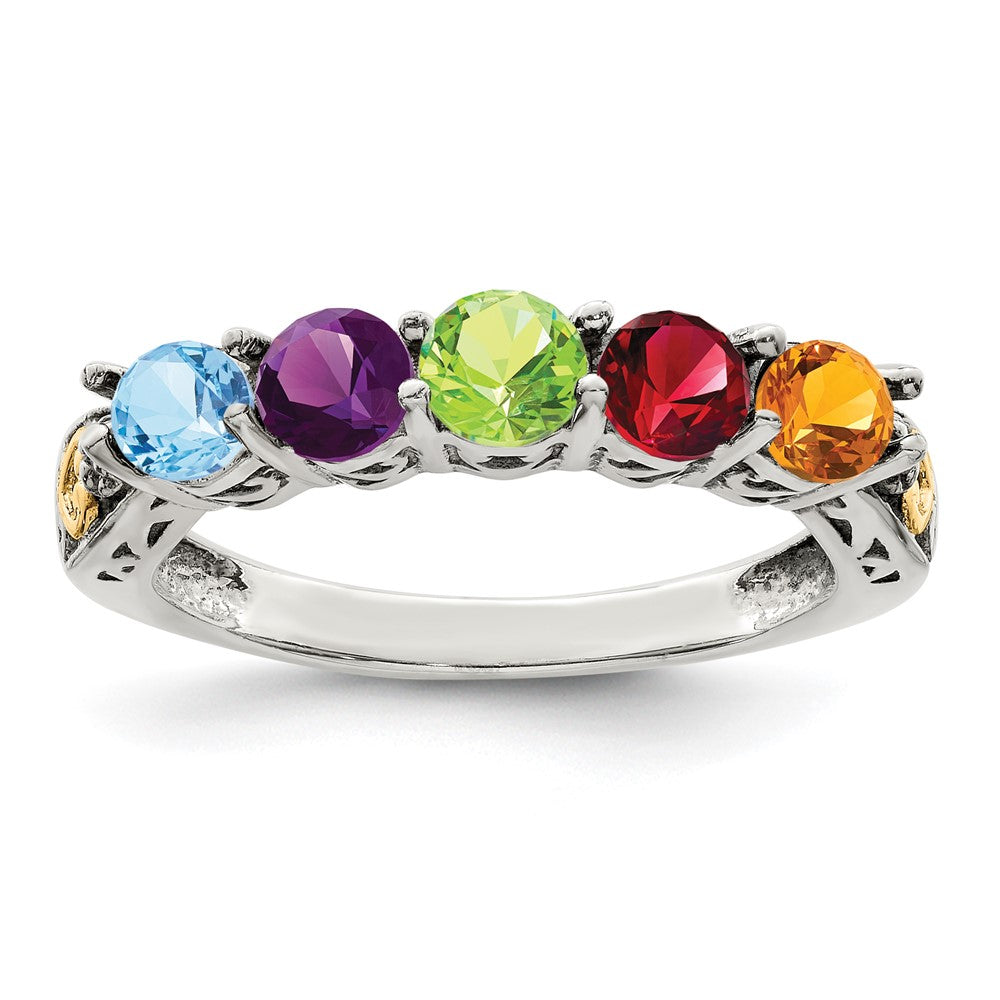 Sterling Silver Antiqued w/14k 5-stone w/Diamond Mother's Ring - 56