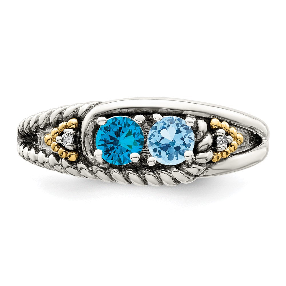 Sterling Silver Antiqued w/14k 2-stone w/Diamond Mother's Ring - 63