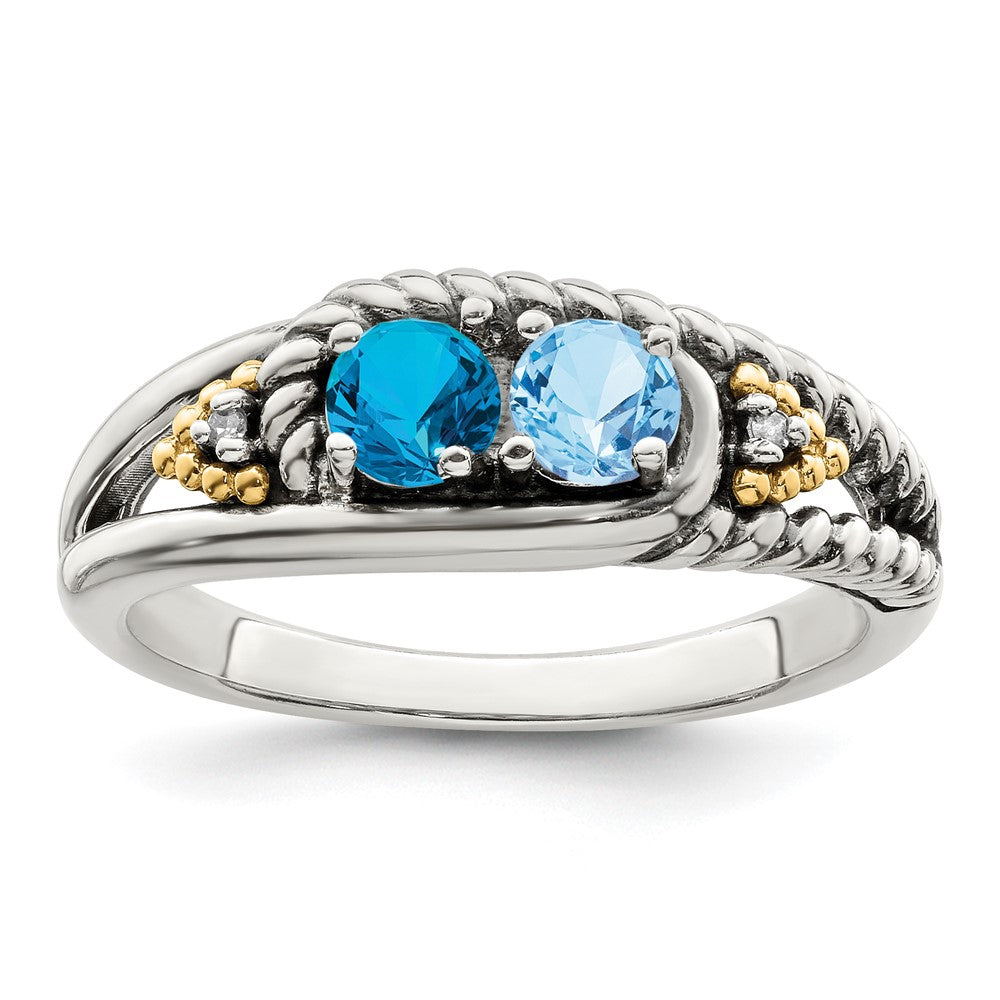 Sterling Silver Antiqued w/14k 2-stone w/Diamond Mother's Ring - 63