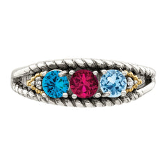 Sterling Silver Antiqued w/14k 3-stone w/Diamond Mother's Ring - 62