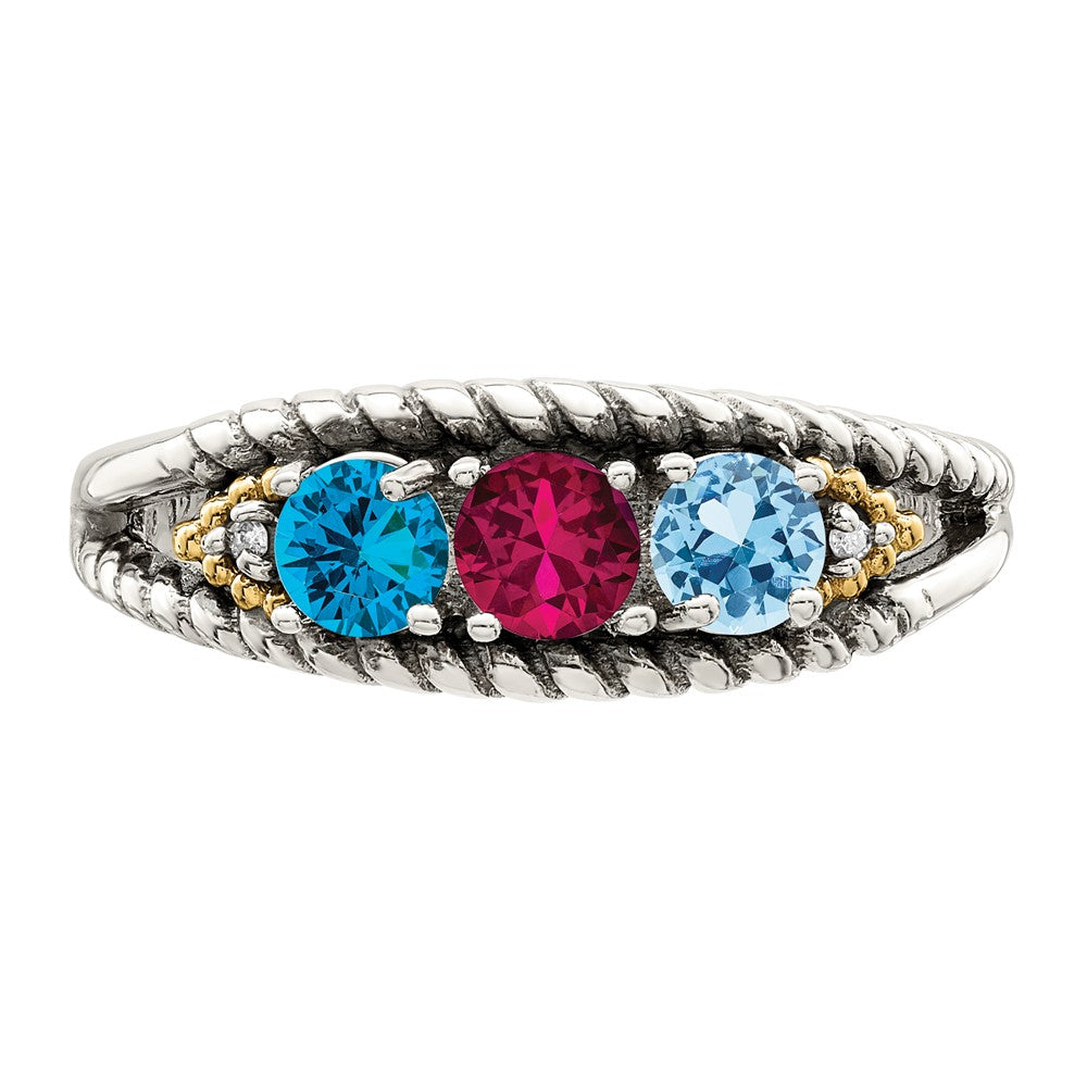 Sterling Silver Antiqued w/14k 3-stone w/Diamond Mother's Ring - 63