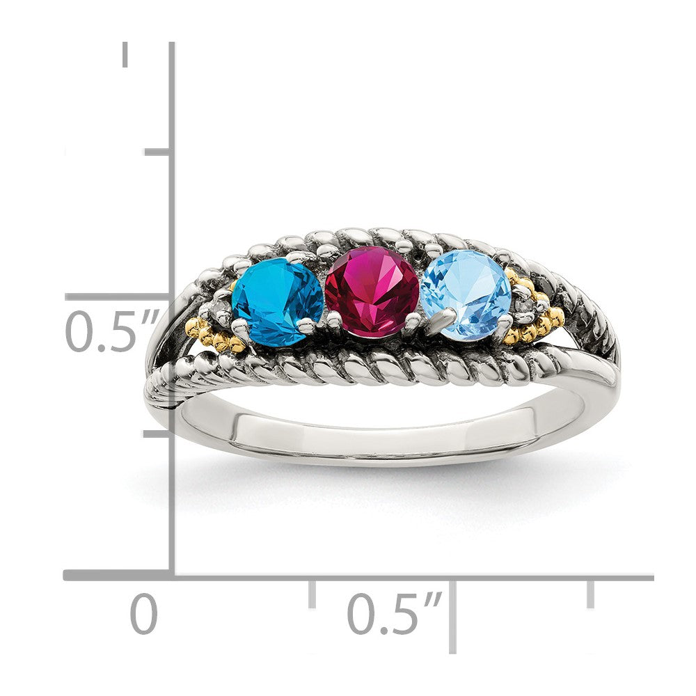 Sterling Silver Antiqued w/14k 3-stone w/Diamond Mother's Ring - 63