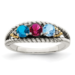 Sterling Silver Antiqued w/14k 3-stone w/Diamond Mother's Ring - 62
