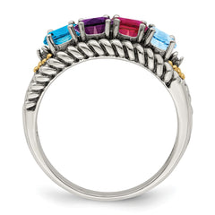 Sterling Silver Antiqued w/14k 4-stone w/Diamond Mother's Ring - 45