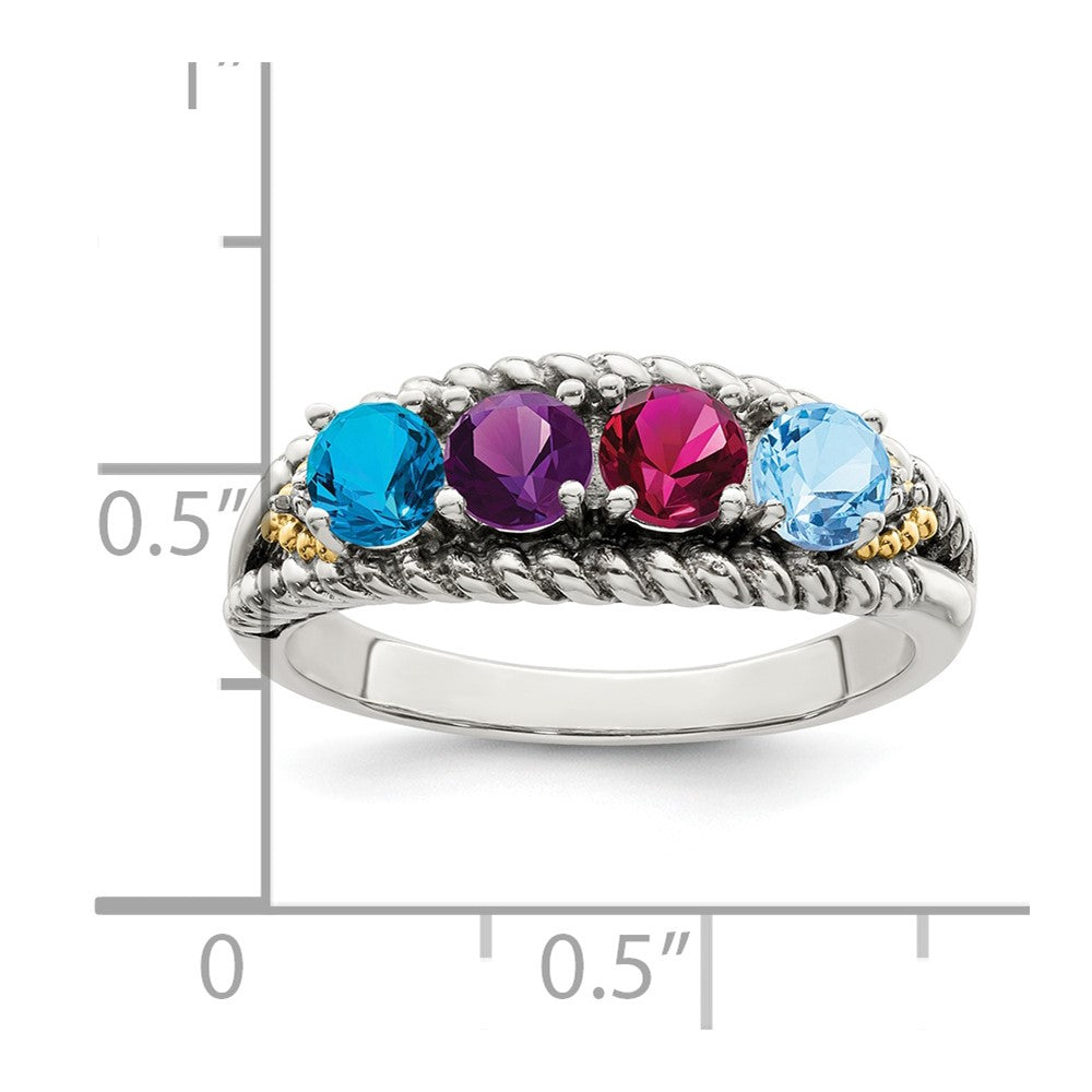 Sterling Silver Antiqued w/14k 4-stone w/Diamond Mother's Ring - 49