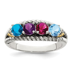 Sterling Silver Antiqued w/14k 4-stone w/Diamond Mother's Ring - 49
