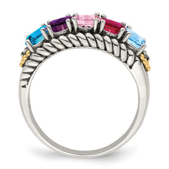 Sterling Silver Antiqued w/14k 5-stone w/Diamond Mother's Ring - 32