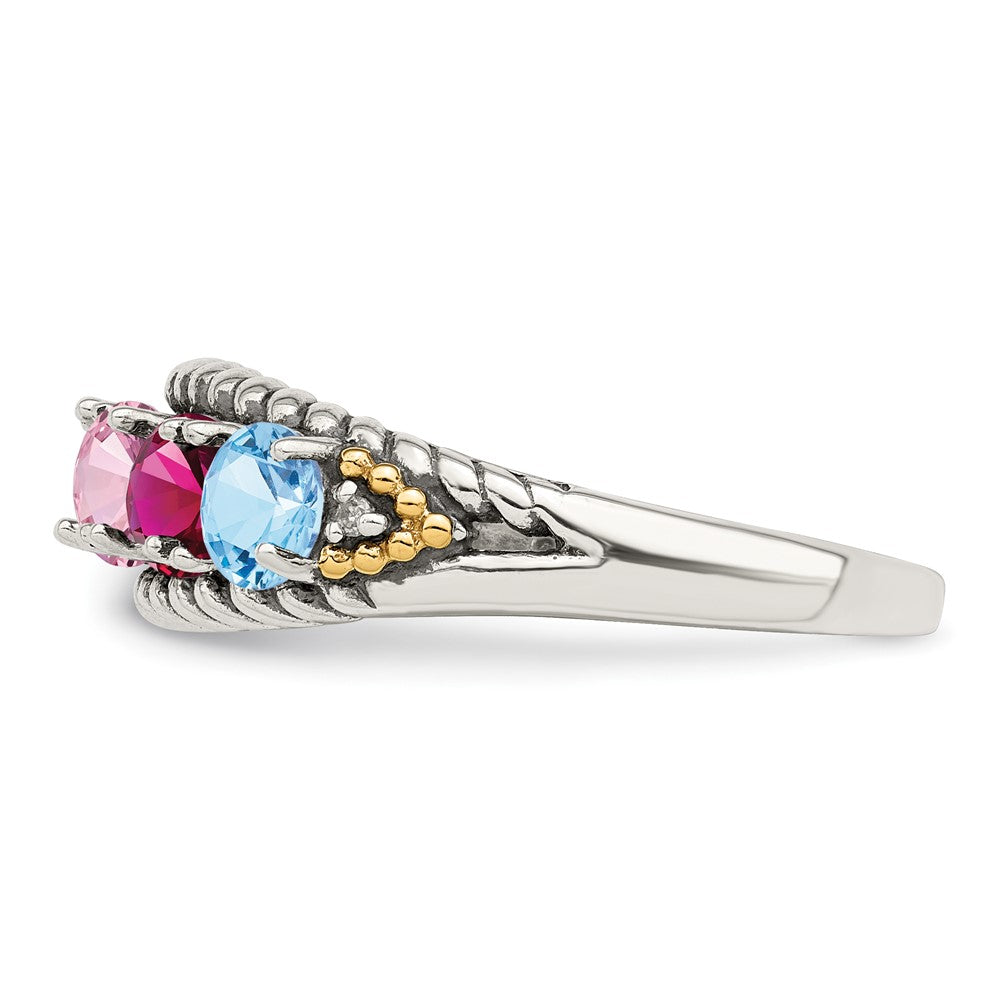 Sterling Silver Antiqued w/14k 5-stone w/Diamond Mother's Ring - 32