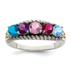 Sterling Silver Antiqued w/14k 5-stone w/Diamond Mother's Ring - 32