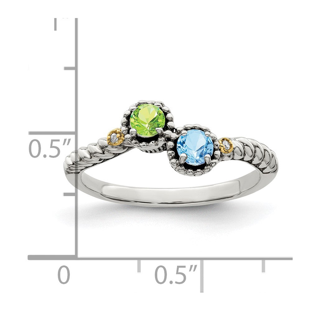 Sterling Silver Antiqued w/14k 2-stone w/Diamond Mother's Ring - 42