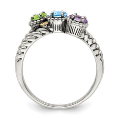 Sterling Silver Antiqued w/14k 3-stone w/Diamond Mother's Ring - 52