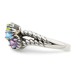 Sterling Silver Antiqued w/14k 3-stone w/Diamond Mother's Ring - 52