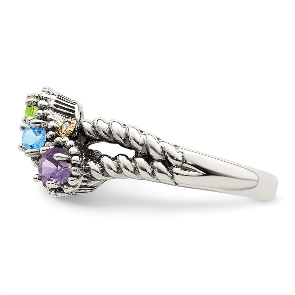 Sterling Silver Antiqued w/14k 3-stone w/Diamond Mother's Ring - 51
