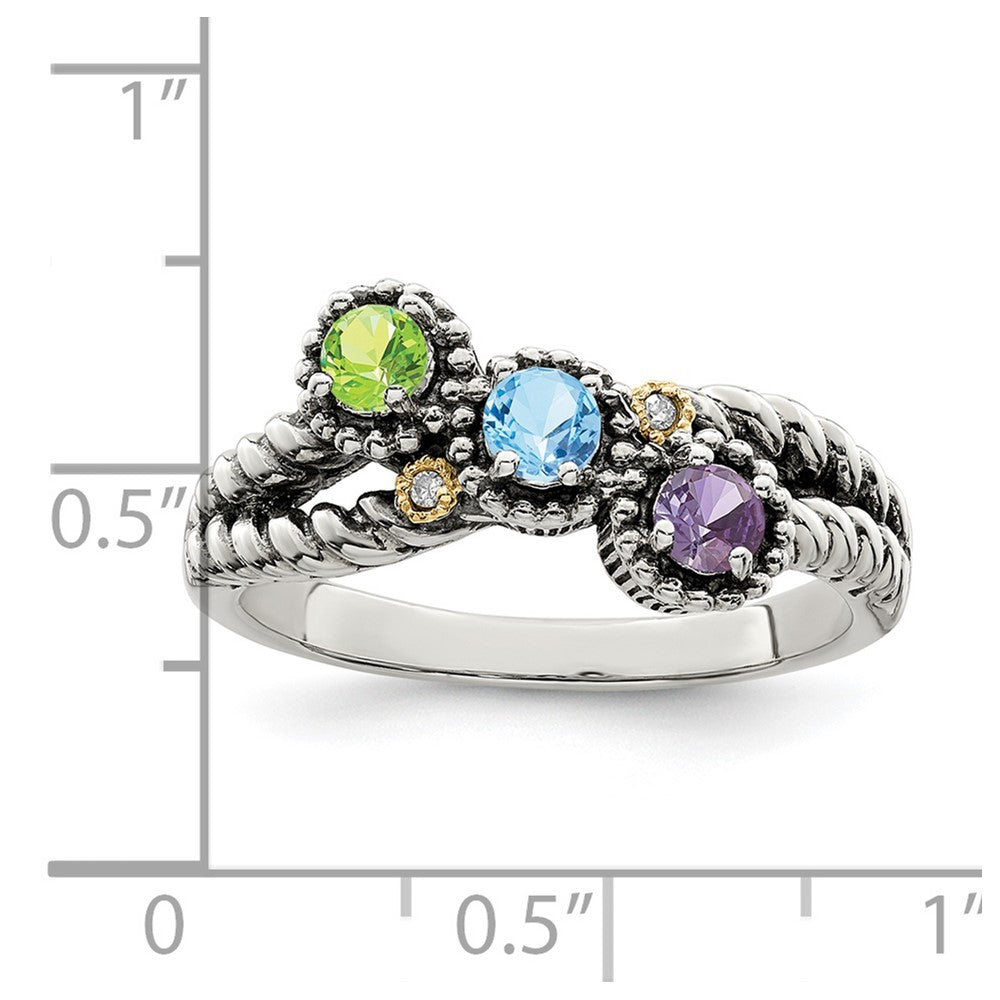 Sterling Silver Antiqued w/14k 3-stone w/Diamond Mother's Ring - 52
