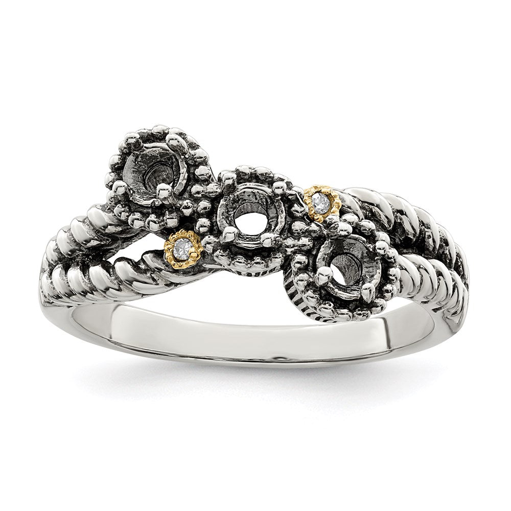 Sterling Silver Antiqued w/14k 3-stone w/Diamond Mother's Ring - 52
