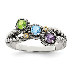 Sterling Silver Antiqued w/14k 3-stone w/Diamond Mother's Ring - 52