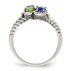 Sterling Silver Antiqued w/14k 4-stone w/Diamond Mother's Ring - 77