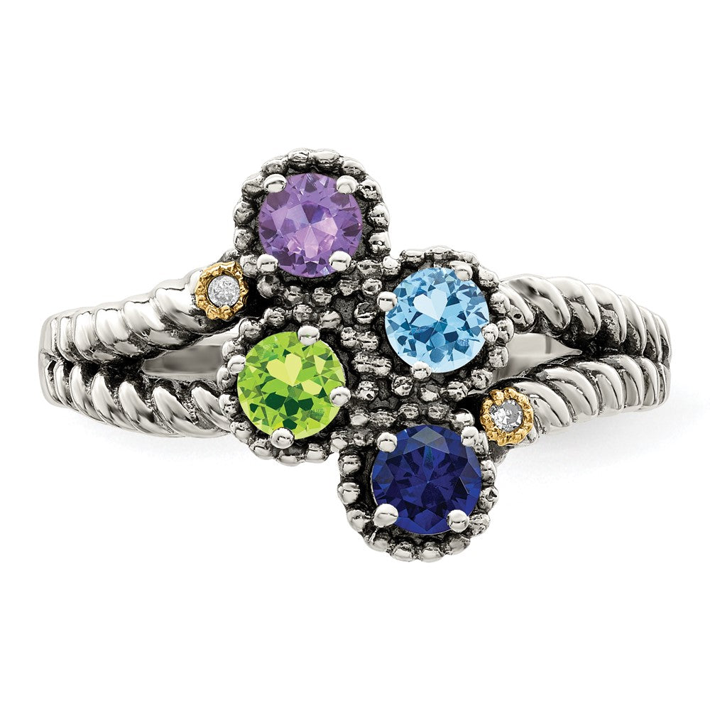 Sterling Silver Antiqued w/14k 4-stone w/Diamond Mother's Ring - 77