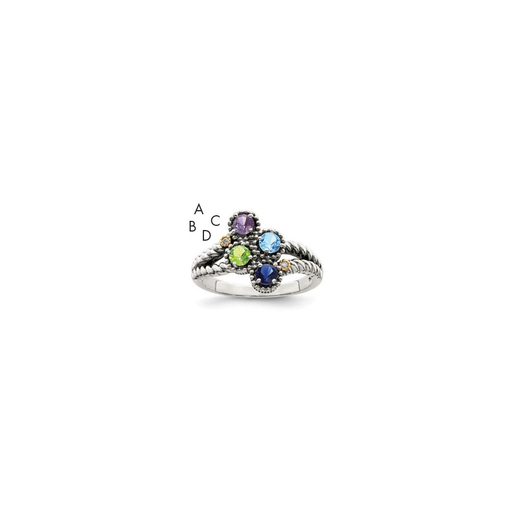 Sterling Silver Antiqued w/14k 4-stone w/Diamond Mother's Ring - 77